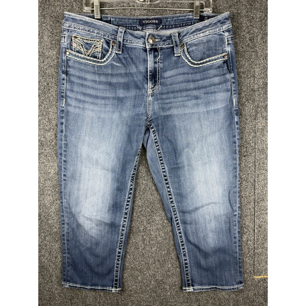 Vigoss Heritage Fit Capri Jeans Medium Wash Embroidered Pockets Size 16 L21